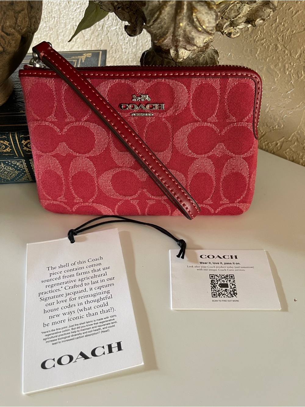 NWT Coach Corner Zip Wristlet in Red Signature Denim